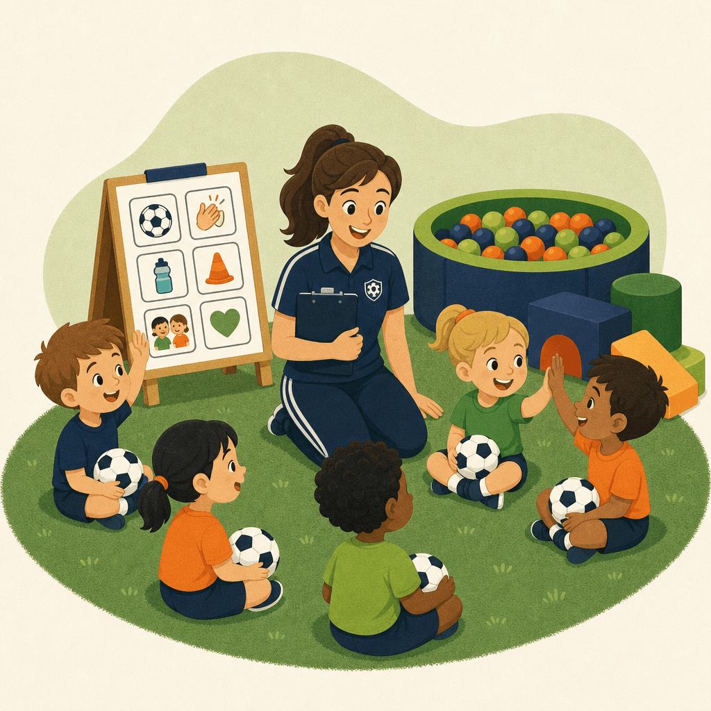 A coach leading circle time with preschoolers holding soccer balls