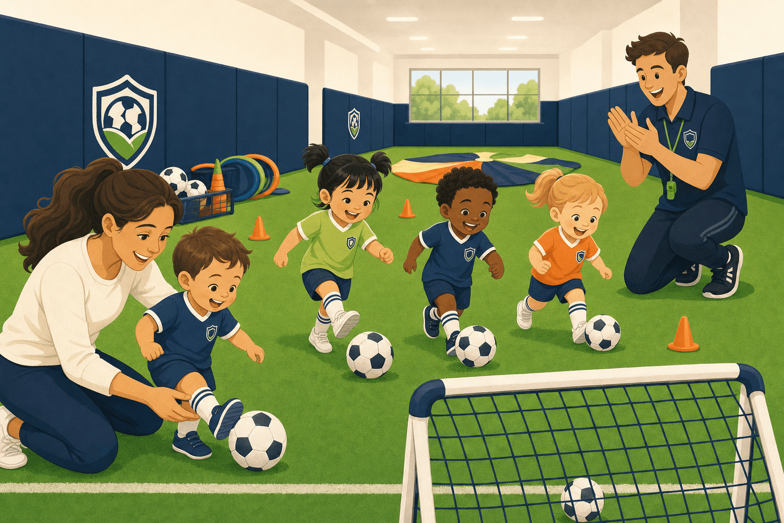 Toddlers kicking soccer balls on indoor turf while a parent and coach cheer them on