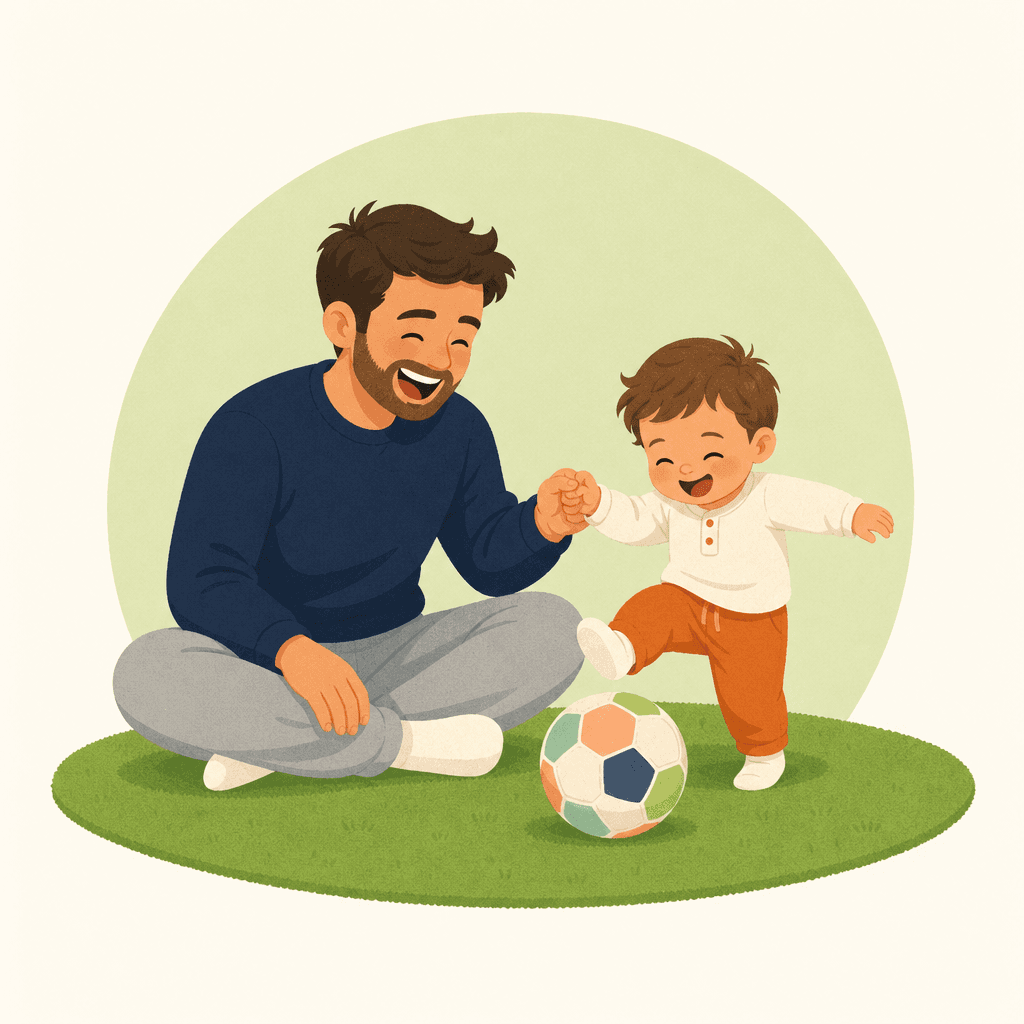 A dad on the turf helping his toddler take a first kick